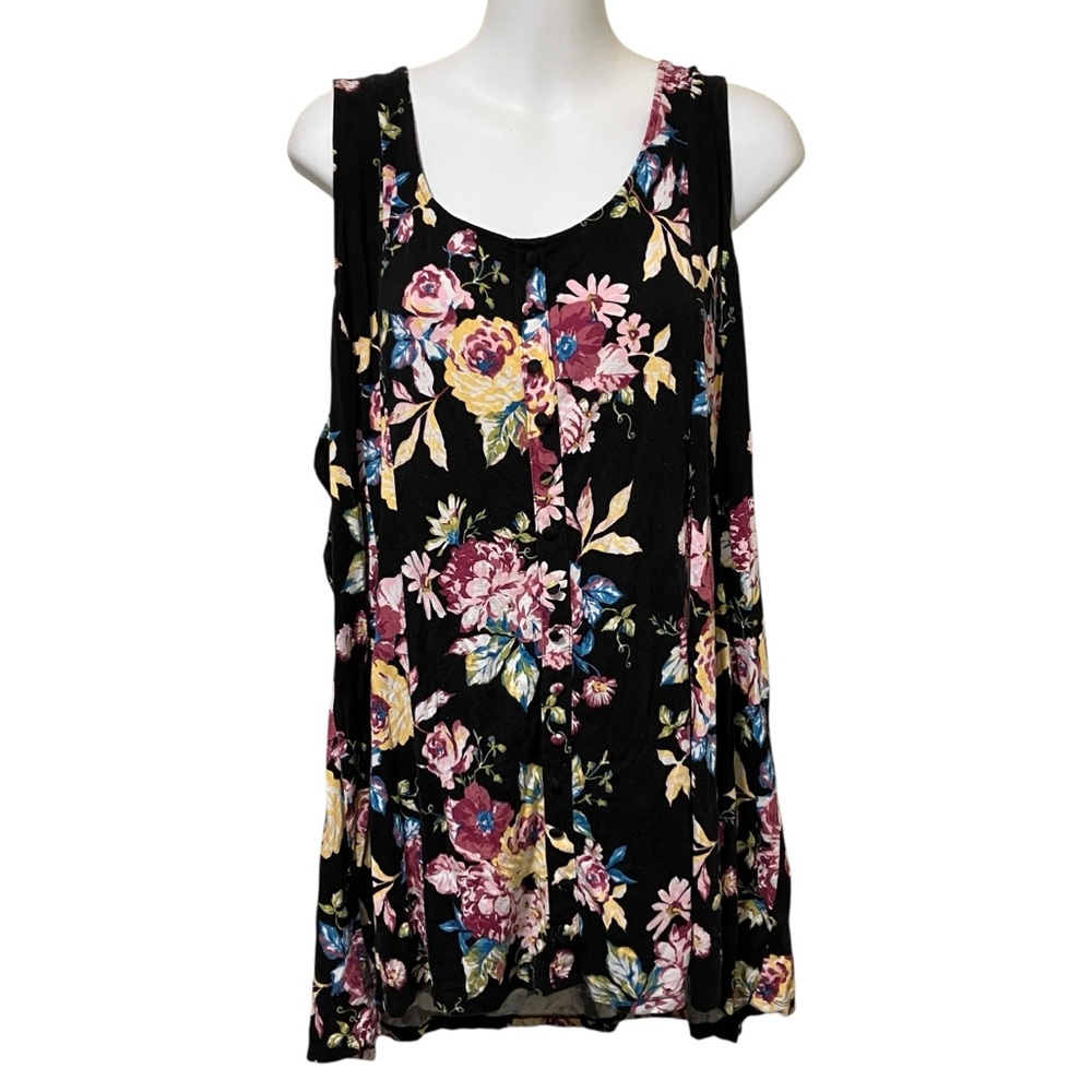 Torrid Floral Black Super Soft Knit Fit Flare Tank Sleeveless Top